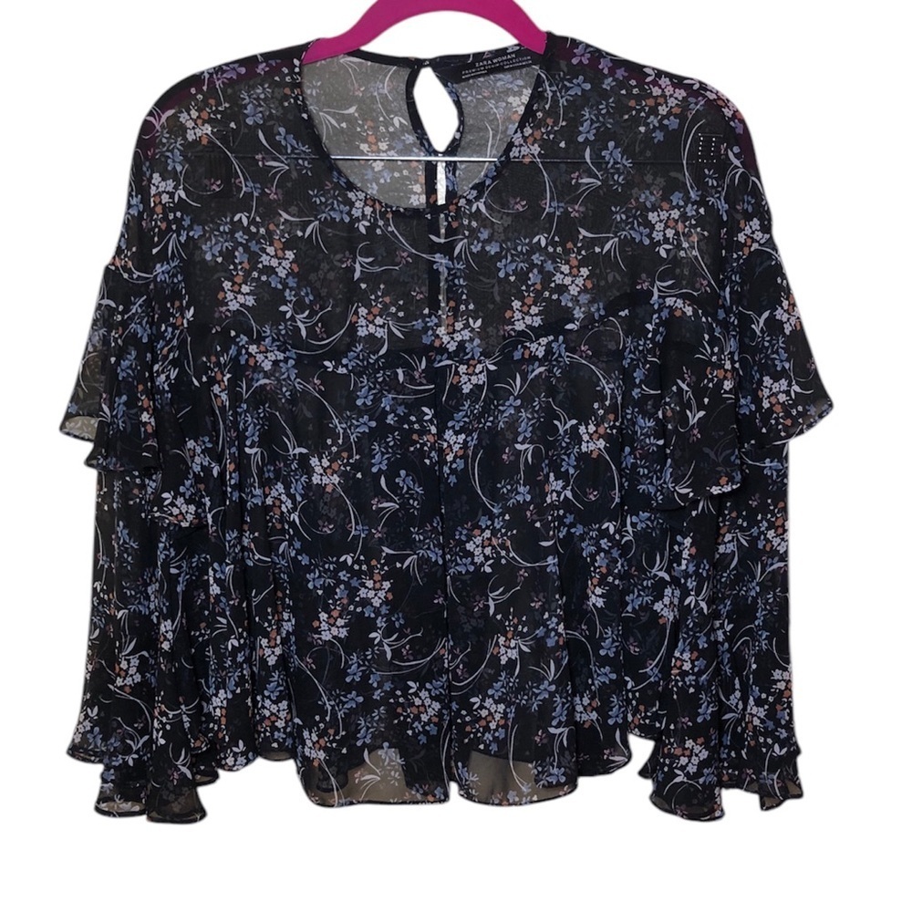 Zara floral bell sleeve flowy see through blouse boho cottagecore size M